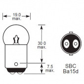 SBC BA15D G19 SF: BA15D Small Bayonet Cap (SBC) - 15mm diameter double contact cap, single filament with 19mm diameter glass globe (G19) from £0.01 each